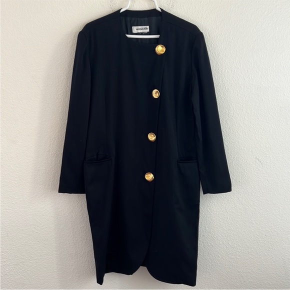 Vintage 80s George Rech Paris Black Crepe Dress Matte Goldtone Buttons Midi sz M - Picture 9 of 13